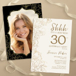 Elegant Gold Black Photo Surprise 30th Birthday Invitation<br><div class="desc">Elegant gold cream and black surprise 30th birthday party invitation with your photo on the back of the card. Trendy modern feminine design features botanical accents and typography script font. Simple floral invite card perfect for a stylish female surprise bday celebration. Can be customised to any age. Printed Zazzle invitations...</div>