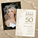 Elegant Gold Black Photo Surprise 50th Birthday Invitation<br><div class="desc">Elegant gold cream and black surprise 50th birthday party invitation with your photo on the back of the card. Trendy modern feminine design features botanical accents and typography script font. Simple floral invite card perfect for a stylish female surprise bday celebration. Can be customised to any age. Printed Zazzle invitations...</div>