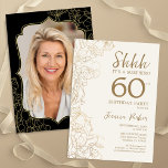 Elegant Gold Black Photo Surprise 60th Birthday Invitation<br><div class="desc">Elegant gold cream and black surprise 60th birthday party invitation with your photo on the back of the card. Trendy modern feminine design features botanical accents and typography script font. Simple floral invite card perfect for a stylish female surprise bday celebration. Can be customised to any age. Printed Zazzle invitations...</div>
