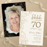 Elegant Gold Black Photo Surprise 70th Birthday Invitation<br><div class="desc">Elegant gold cream and black surprise 70th birthday party invitation with your photo on the back of the card. Trendy modern feminine design features botanical accents and typography script font. Simple floral invite card perfect for a stylish female surprise bday celebration. Can be customised to any age. Printed Zazzle invitations...</div>