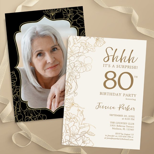 Elegant Gold Black Photo Surprise 80th Birthday Invitation (Creator Uploaded)