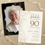 Elegant Gold Black Photo Surprise 90th Birthday Invitation<br><div class="desc">Elegant gold cream and black surprise 90th birthday party invitation with your photo on the back of the card. Trendy modern feminine design features botanical accents and typography script font. Simple floral invite card perfect for a stylish female surprise bday celebration. Can be customised to any age. Printed Zazzle invitations...</div>