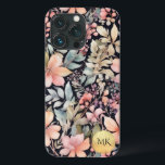 Elegant Gold Black Pink Floral Watercolor Monogram iPhone 13 Pro Case<br><div class="desc">Elevate your phone's style with our Elegant Gold Black Pink Floral Watercolor Monogram Phone Case. This exquisite design showcases delicate wildflowers, berries, and ferns in soothing pastel hues of beige, peach pink, red, and teal green on a dark/black background. It's the perfect accessory for the sophisticated and stylish individual in...</div>