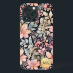 Elegant Gold Black Pink Floral Watercolor Monogram iPhone 13 Pro Case<br><div class="desc">Elevate your phone's style with our Elegant Gold Black Pink Floral Watercolor Monogram Phone Case. This exquisite design showcases delicate wildflowers, berries, and ferns in soothing pastel hues of beige, peach pink, red, and teal green on a dark/black background. It's the perfect accessory for the sophisticated and stylish individual in...</div>