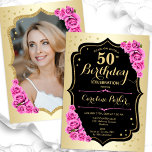 Elegant Gold Black Pink Photo 50th Birthday Invitation<br><div class="desc">Elegant floral feminine 50th birthday invitation with your photo at the back of the card. Glam design with faux gold. Features pink roses, script font and confetti. Perfect for a stylish adult bday celebration party. Personalise with your own details. Can be customised for any age! Printed Zazzle invitations or instant...</div>