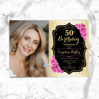 Elegant Gold Black Pink Roses Photo 50th Birthday