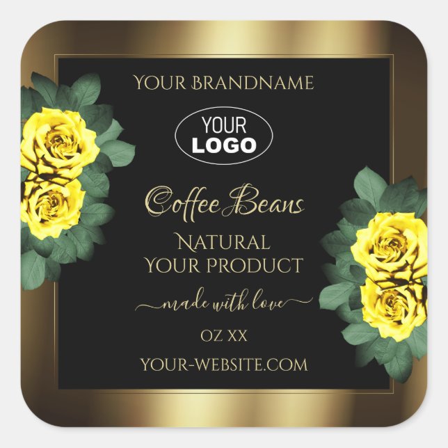 Elegant Gold Black Product Label Yellow Roses Logo (Front)