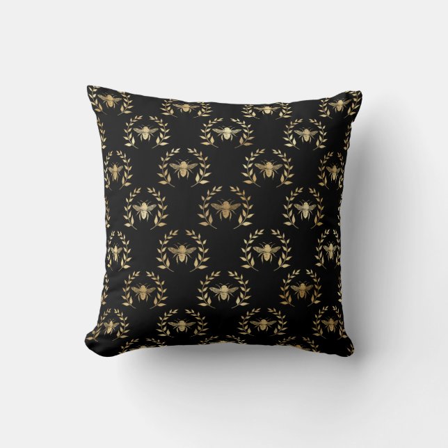 Elegant Gold & Black Queen Bee Throw Pillow (Front)
