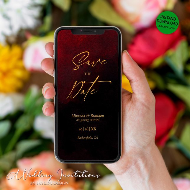 Elegant Gold Black Red Wedding Save the Date Card (Creator Uploaded)