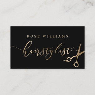Elegant gold & black scissors hairstylist business card