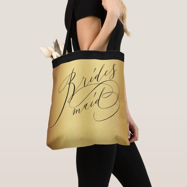 Elegant Gold Black Script Bridesmaid Tote Bag (Close Up)
