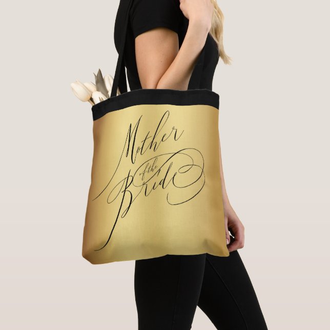 Elegant Gold Black Script Mother of the Bride Tote Bag (Close Up)