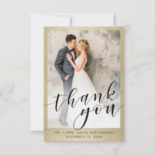 Elegant Gold Black Script Wedding Photo Thank You