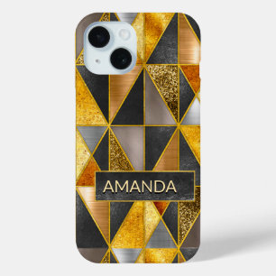 Elegant gold black silver geometric triangles iPhone 15 case