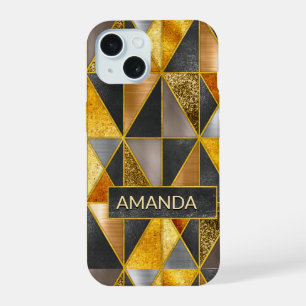 Elegant gold black silver geometric triangles iPhone 15 case