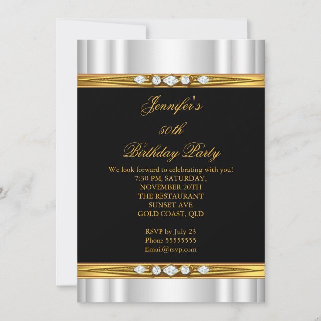 Elegant Gold Black Silver Silk Diamond Birthday Invitation (Front)