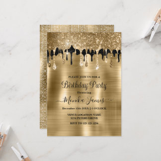 Elegant Gold Black Sparkle Glitter Drips Birthday Invitation