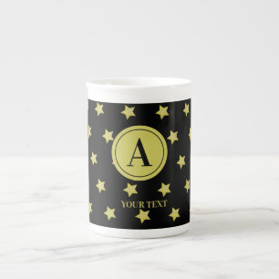 Elegant Gold & Black Star Pattern Monogram Bone China Mug