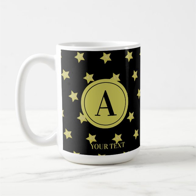 Elegant Gold & Black Star Pattern Monogram Coffee Mug (Left)
