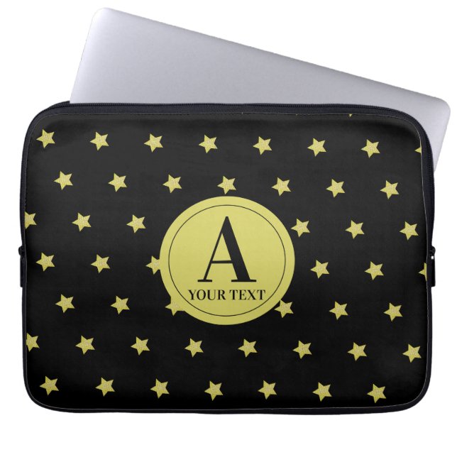 Elegant Gold & Black Star Pattern Monogram Laptop Sleeve (Front)