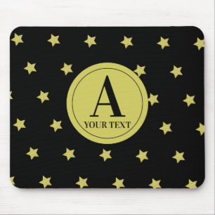 Elegant Gold & Black Star Pattern Monogram Mouse Pad