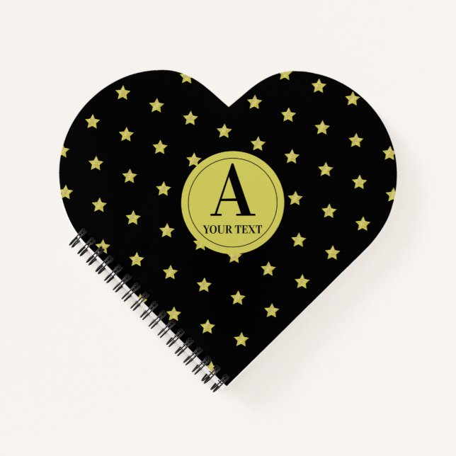 Elegant Gold & Black Star Pattern Monogram Notebook (Front)