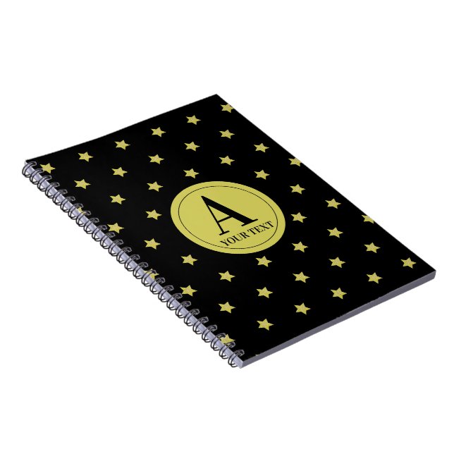 Elegant Gold & Black Star Pattern Monogram Notebook (Right Side)