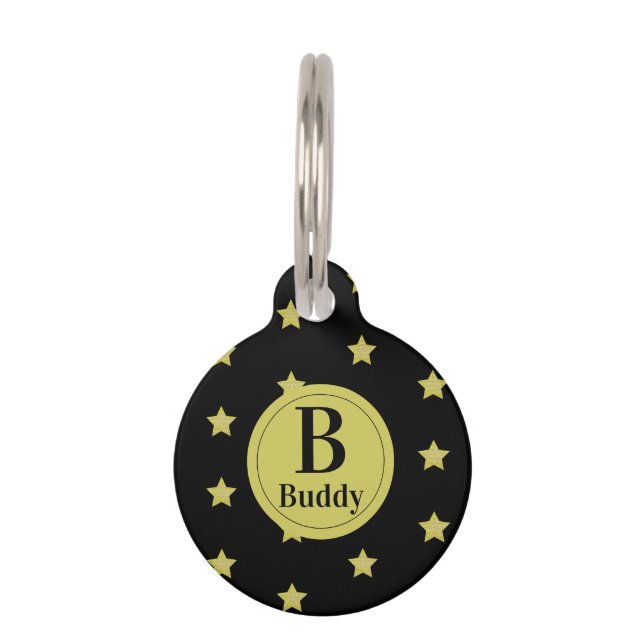 Elegant Gold & Black Star Pattern Monogram  Pet Tag (Front)