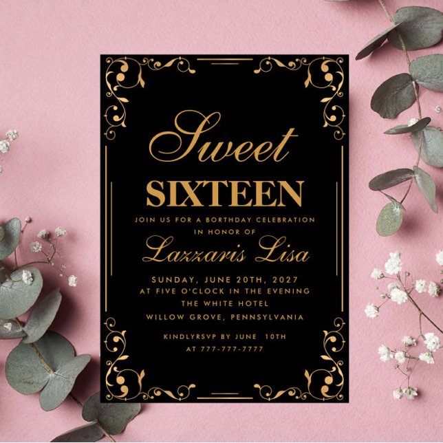 Elegant Gold Black Sweet Sixteen 16 Birthday Invitation (Creator Uploaded)