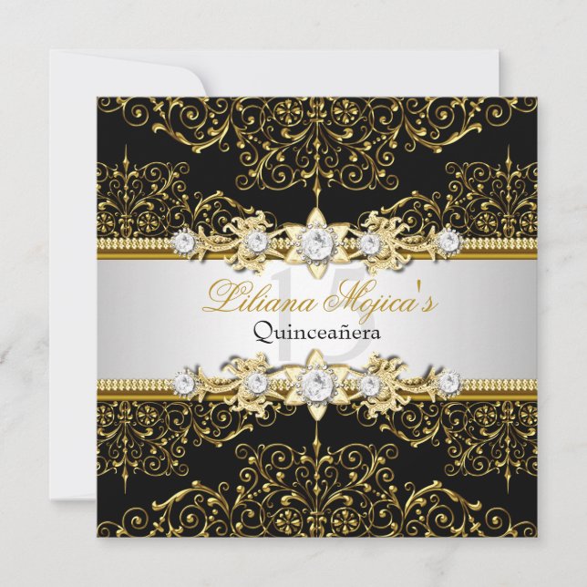 Elegant Gold & Black Swirl Damask Quinceanera Invitation (Front)