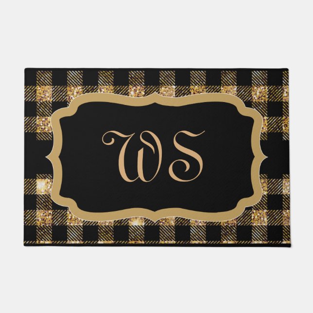 Elegant Gold Black Tartan Plaid Monogrammed Doormat (Front)