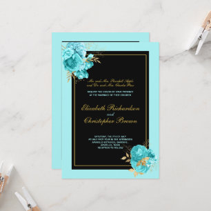 Elegant Gold Black Teal Floral Wedding Parents Invitation