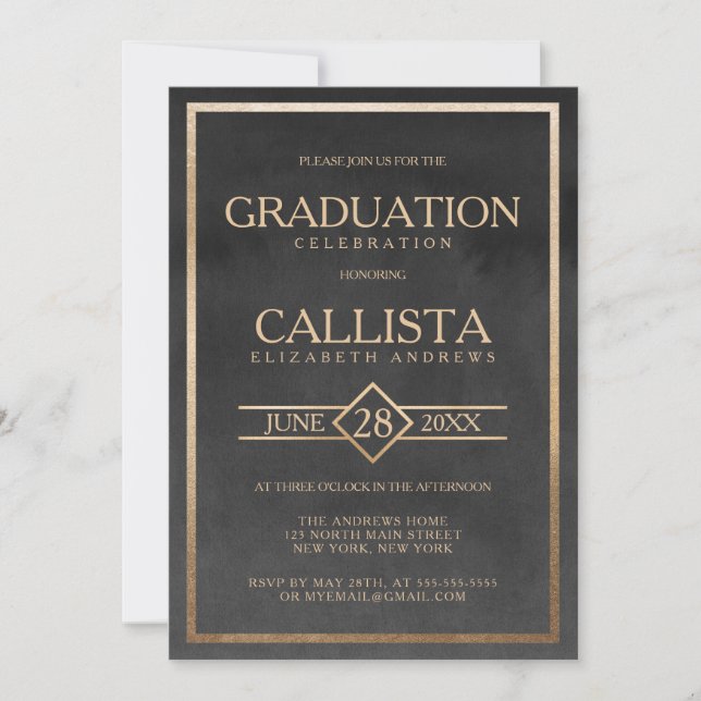 Elegant Gold Black Watercolor Frame Graduation Invitation (Front)