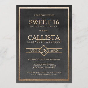Elegant Gold Black Watercolor Frame Sweet 16 Invitation