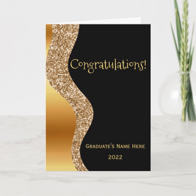 Elegant Gold Black Wave Graduation Card (Front)