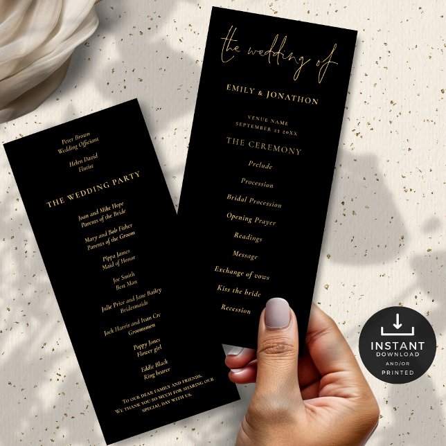 Elegant Gold Black Wedding Program Card (Front and back view)