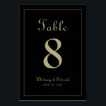 Elegant Gold Black Wedding Reception Formal Dinner Table Number<br><div class="desc">Wedding Table Number event party sign design features a classic elegance with contemporary chic gold-tone colour on a classic sophisticated black background. Personalise wedding table design with your name, wedding date and table number in trendy lettering and script. The back of the card is a duplicate of the front. Follow...</div>