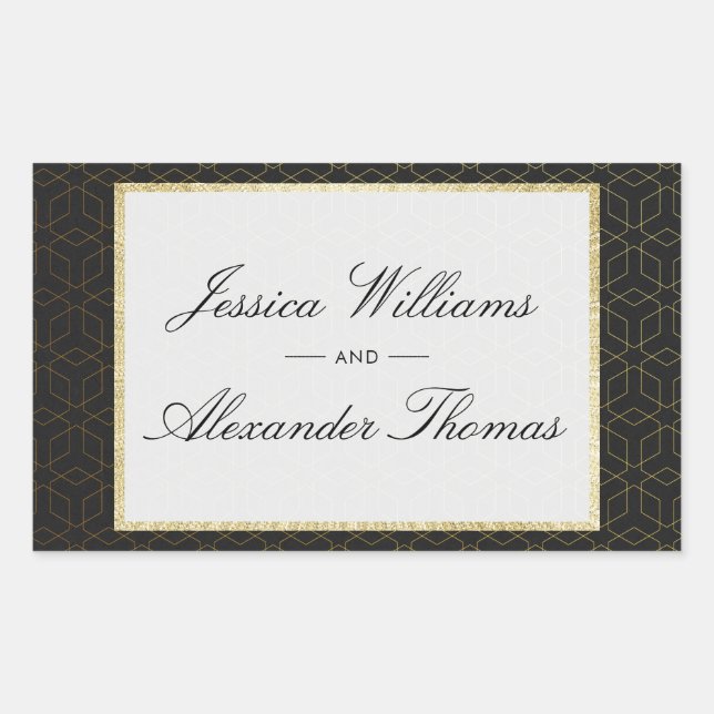 Elegant Gold & Black Wedding Rectangular Sticker (Front)