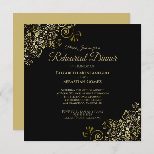 Elegant Gold Black Wedding Rehearsal Dinner Square Invitation (Front/Back)