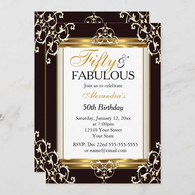 Elegant Gold Black white 50th Fabulous Birthday Invitation (Front/Back)