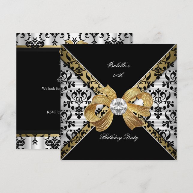 Elegant Gold Black White Damask Diamond Party Invitation (Front/Back)
