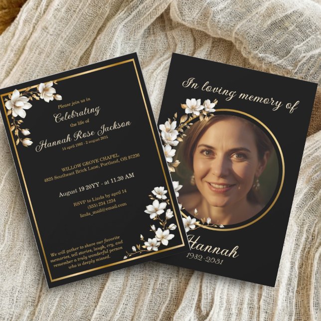 Elegant Gold Black White Magnolia Funeral Service Invitation (Creator Uploaded)