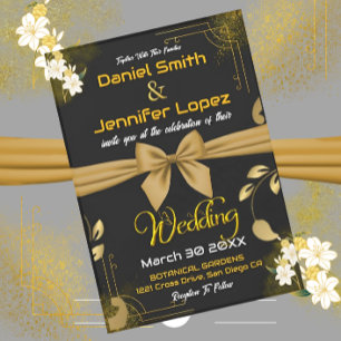 Elegant Gold & Black With White Floral Wedding  Invitation