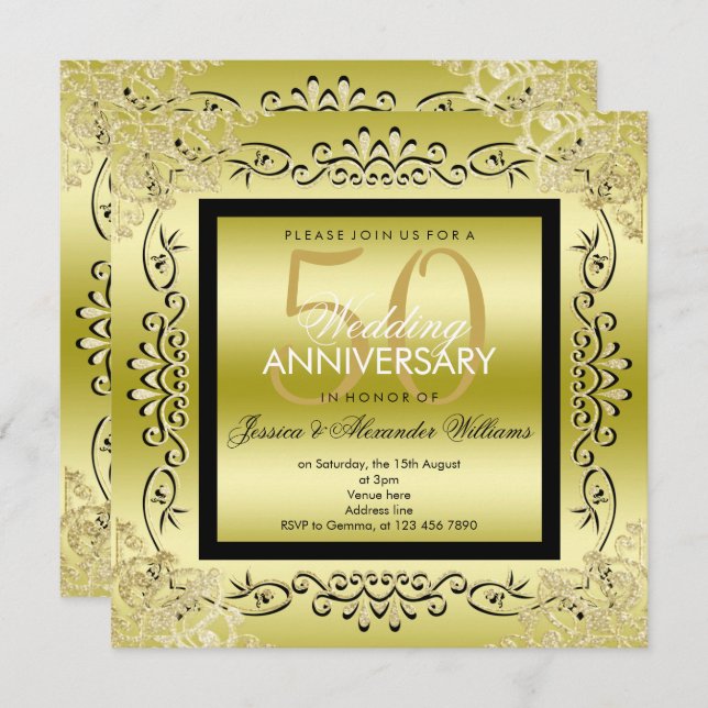 Elegant Gold & Black Women's 50th Wedding Invitation (Front/Back)