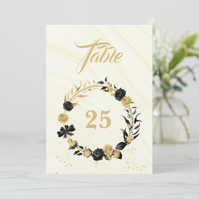 Elegant gold & black wreath table number (Standing Front)