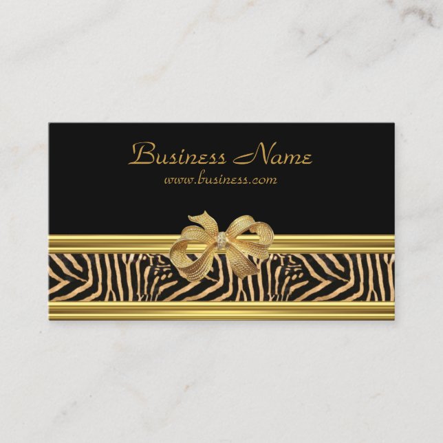 Elegant Gold Black Zebra Stripe Gold Bow Business Card (Front)