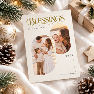 Elegant Gold Blessings 2 Photo Religious Christmas Holiday Card