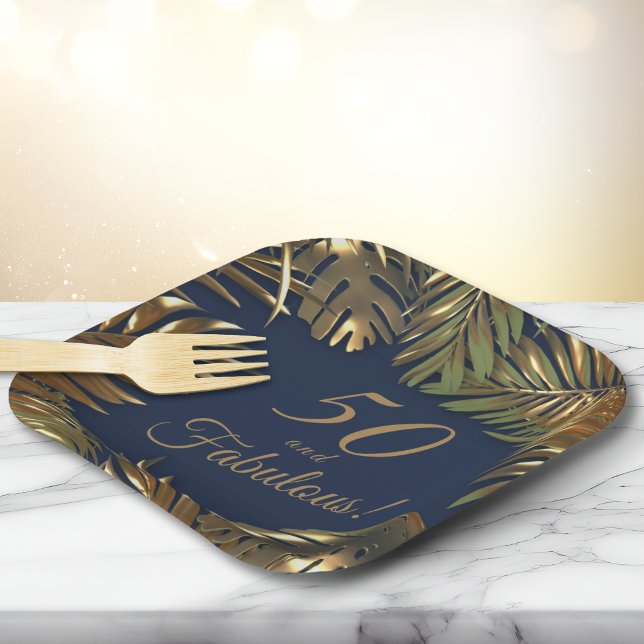 Elegant Gold Blue 50 Fabulous Birthday Paper Plate (Creator Uploaded)