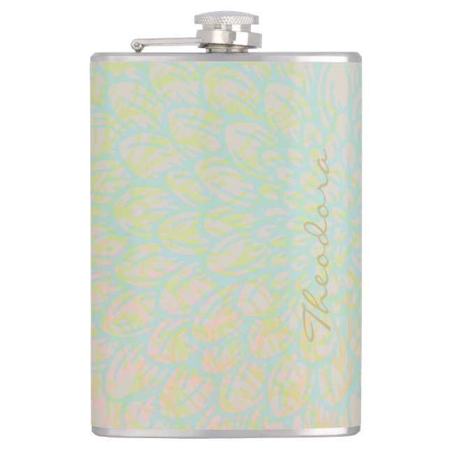 Elegant Gold Blue Abstract Floral Hip Flask (Front)