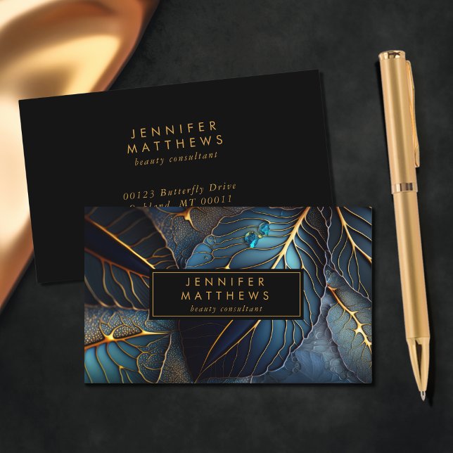 Elegant Gold Blue Abstract Leaf Business Card (Creator Uploaded)